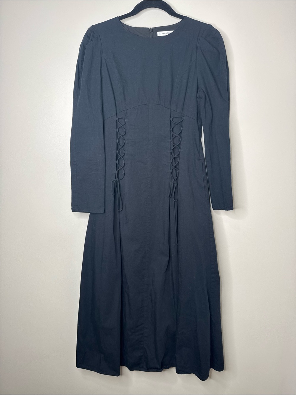 MOUSSY Black Vampy Lace Up Corset Long Puff Sleeve Midi Dress Cotton Small Goth